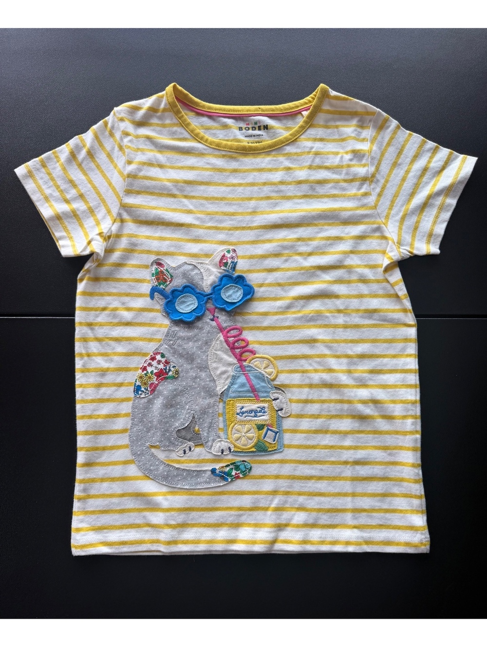 Mini Boden NWOT Girls 9-10Y Cat Lemonade Applique T-Shirt Yellow Stripe Floral